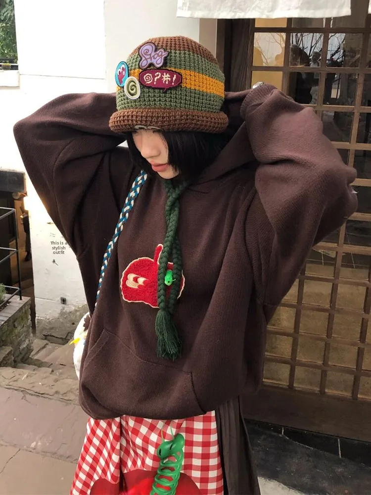 Sweat à capuche rétro américain pour femmes, vêtements d'extérieur de printemps, lettres brodées, tricoté, ample, Couple lourd, haut tendance, Streetwear