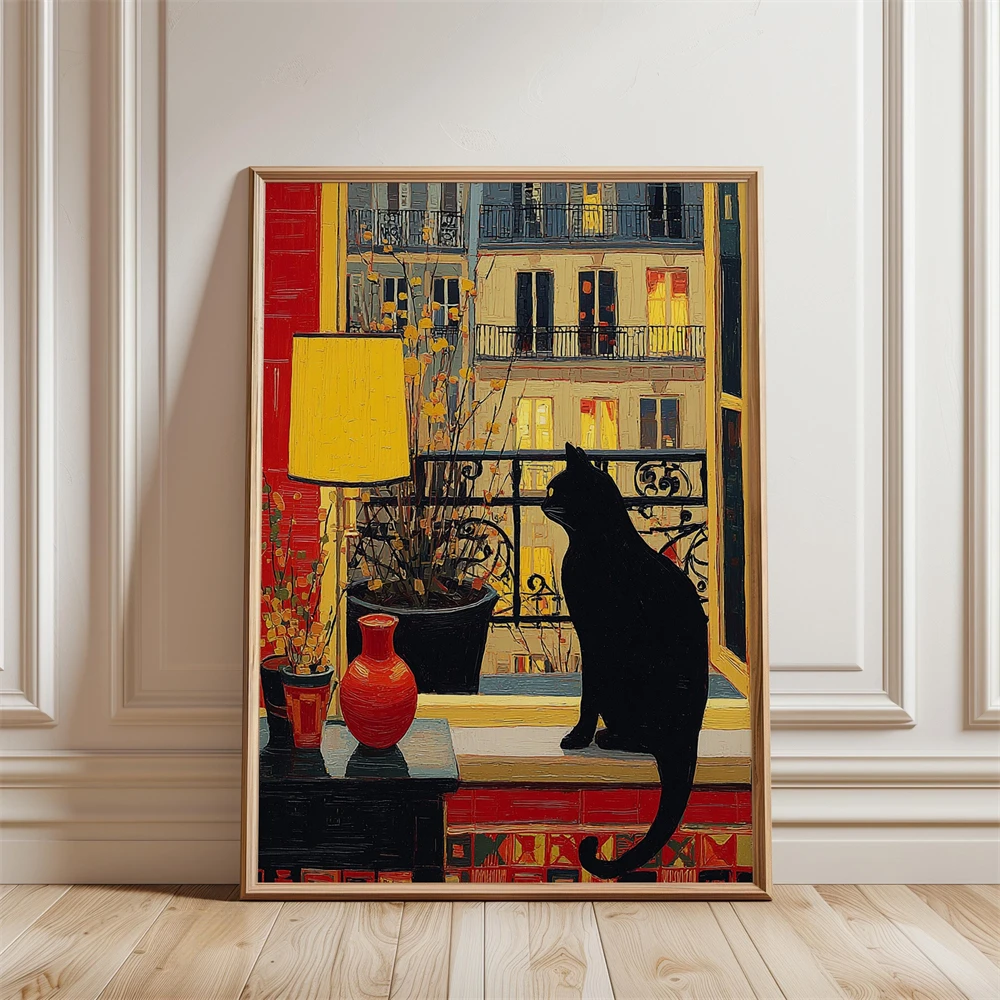 Black Cat Paris Window Print City View Wall Art Poster Black Cat Paris Apartment Art Print Vintage Balloons Wall Decor Canvas