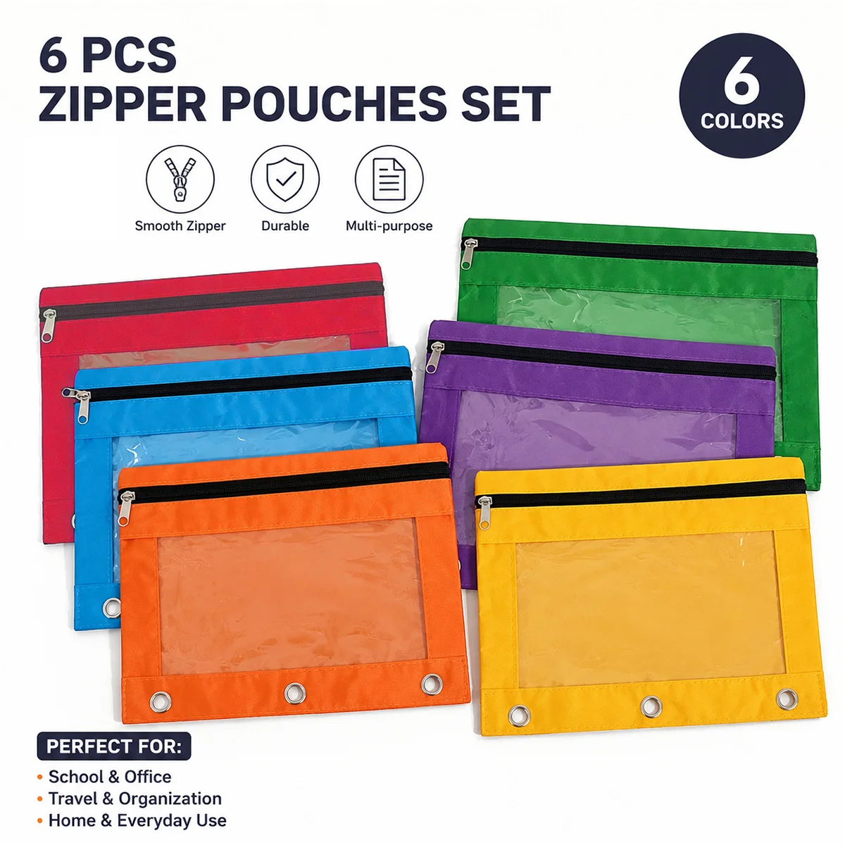 6pcs 3-Ring Binder Pencil Case, Zippered Pencil Case with Transparent Window, Large Capacity Portable Pencil Case, Oxford Cloth