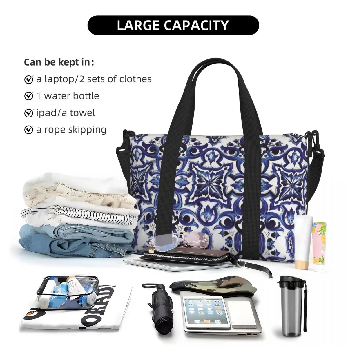 

Синяя декоративная цветочная средиземноморская сицилийская плитка, пляжная дорожная сумка, сумки-тоут для спортзала, спортивная женская дорожная сумка для покупок