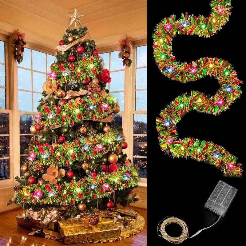 

Christmas Coloured Ribbon Metallic Shinny Tinsel Garland With 50LED Light Christmas Tree Hanging Lighting Decor New Year Wedding