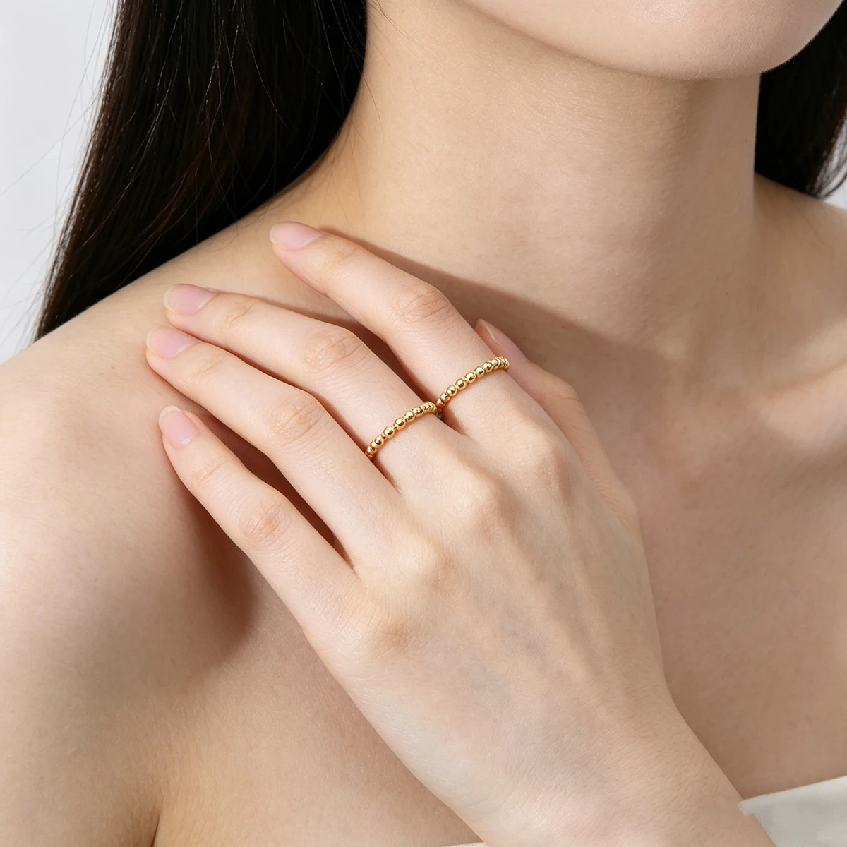 2mm Beaded Stainless Steel Ring, Gold/Silver Color Simple Thin Band, Stackable Finger Ring Jewelry for Women