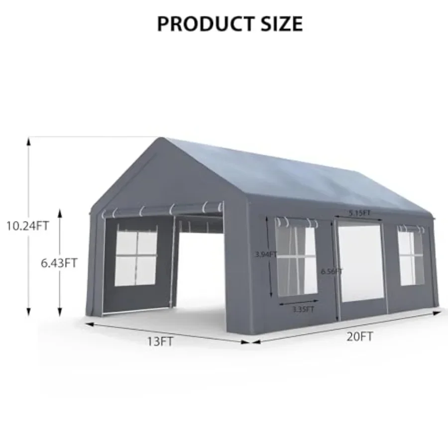 Carport for outdoor vehicle storage, heavy-duty 220 g PE material, gray, roll-up windows and removable sidewalls for all-season
