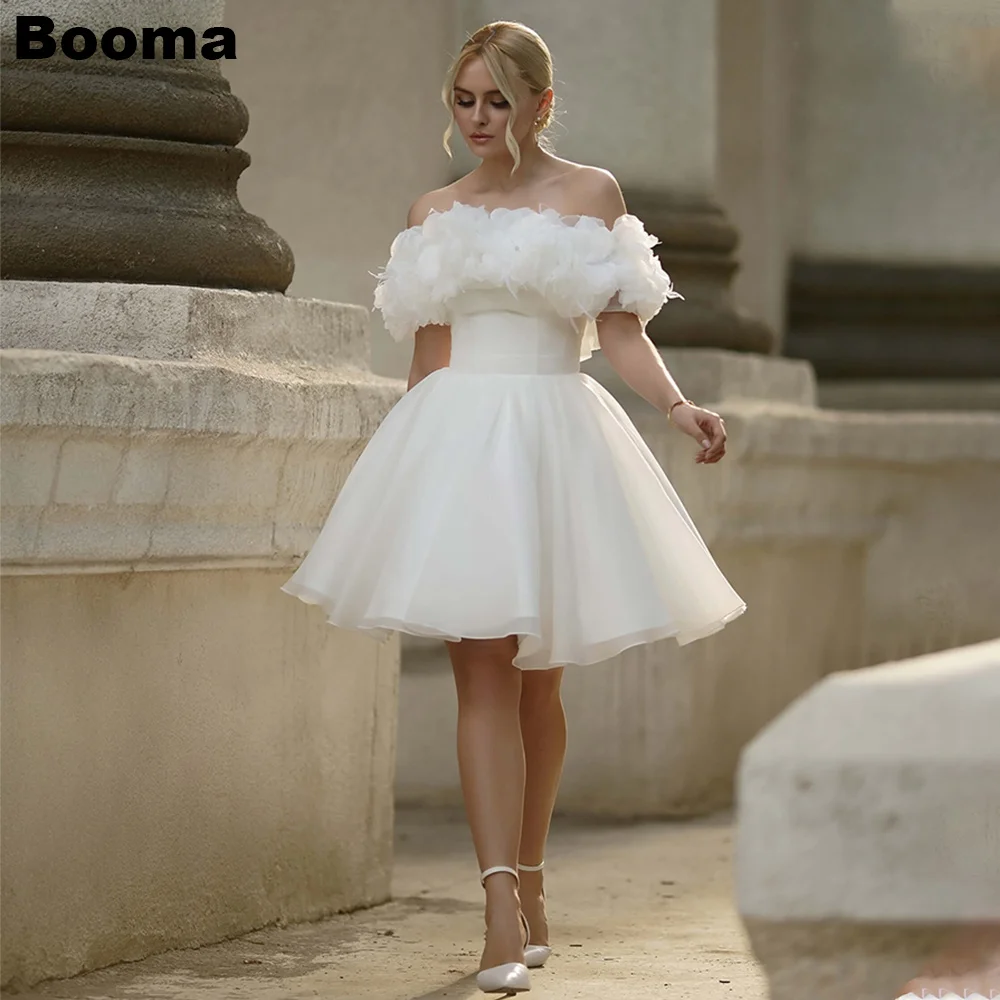 

Booma A-Line Short Wedding Party Dresses Strapless Sleeveless Brides Prom Dress 3D Flowers Bridal Cocktail Gowns Customized