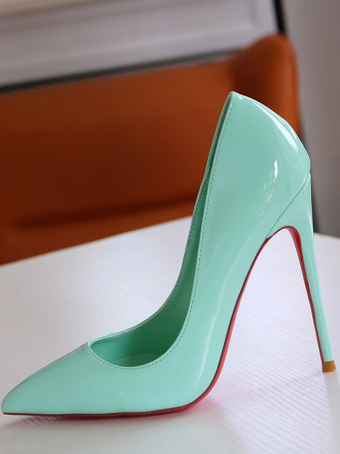 

Spring New Light Green Lacquer Leather Pointed High Heels Single Red Sole Shoes Shallow Mouth Nightclub French Size 13CM