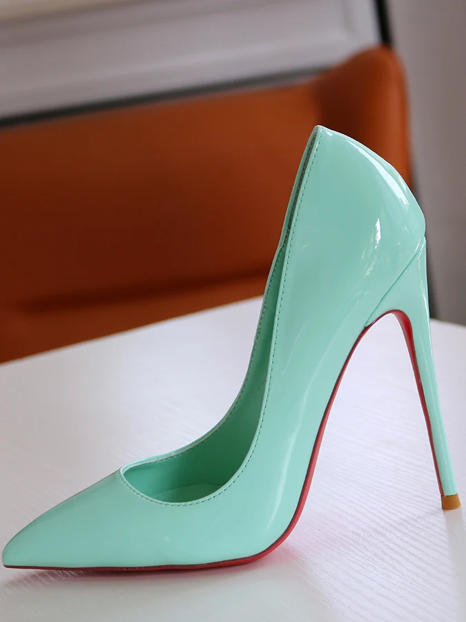 Spring New Light Green Lacquer Leather Pointed High Heels Single Red Sole Shoes Shallow Mouth Nightclub French Size 13CM