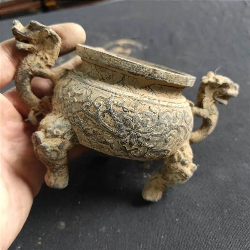 

Винтажная бронзовая курильница Kangxi Year с двойным ухом дракона, медная курильница из чистой меди, трехногий штатив, курильница с резным узором
