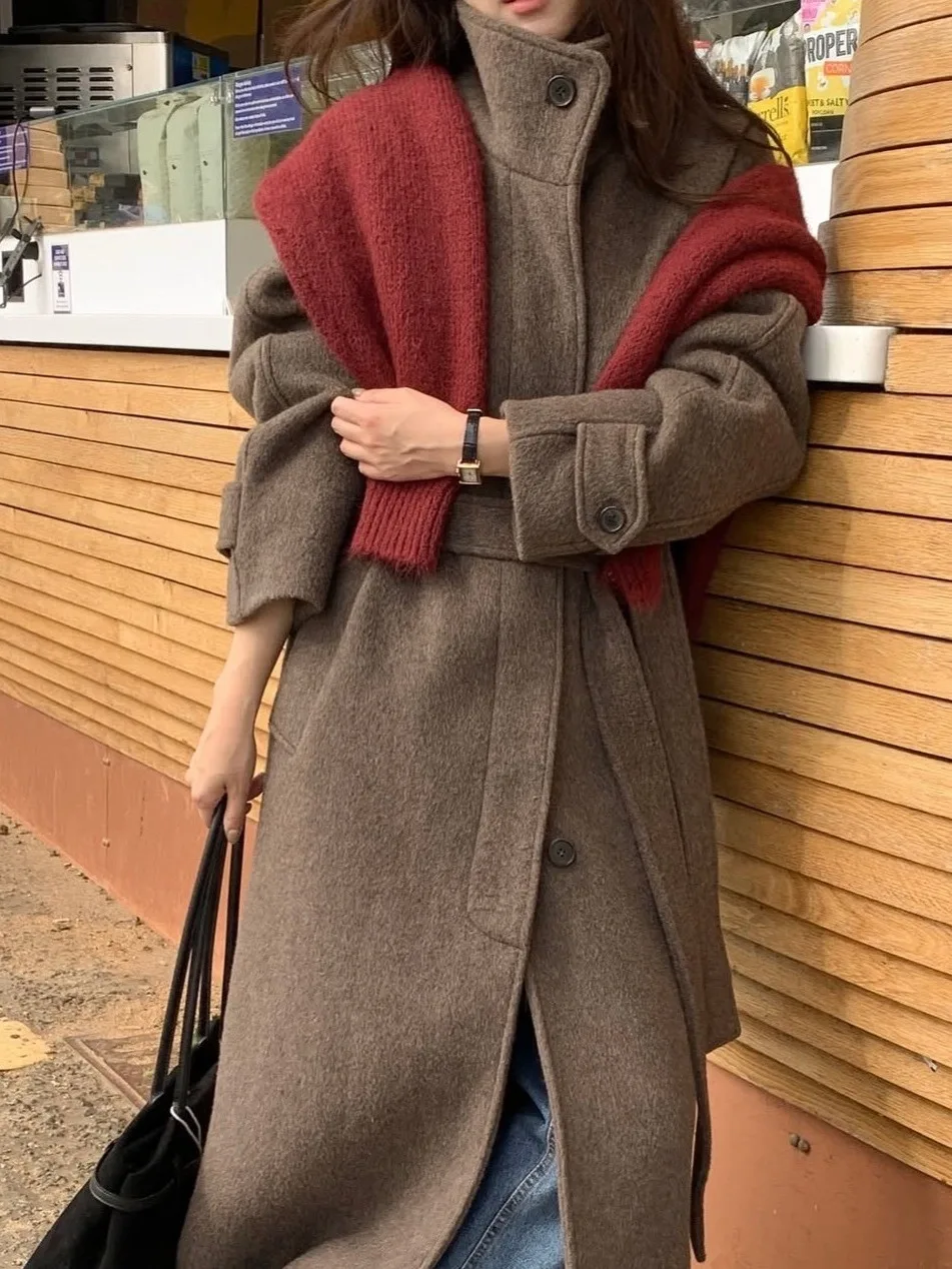 

Chic Winter New Stand Collar Button Waistcoat Mid-Length Woolen Coat Women's Briti Sle Tweed Coat Ele Faionable