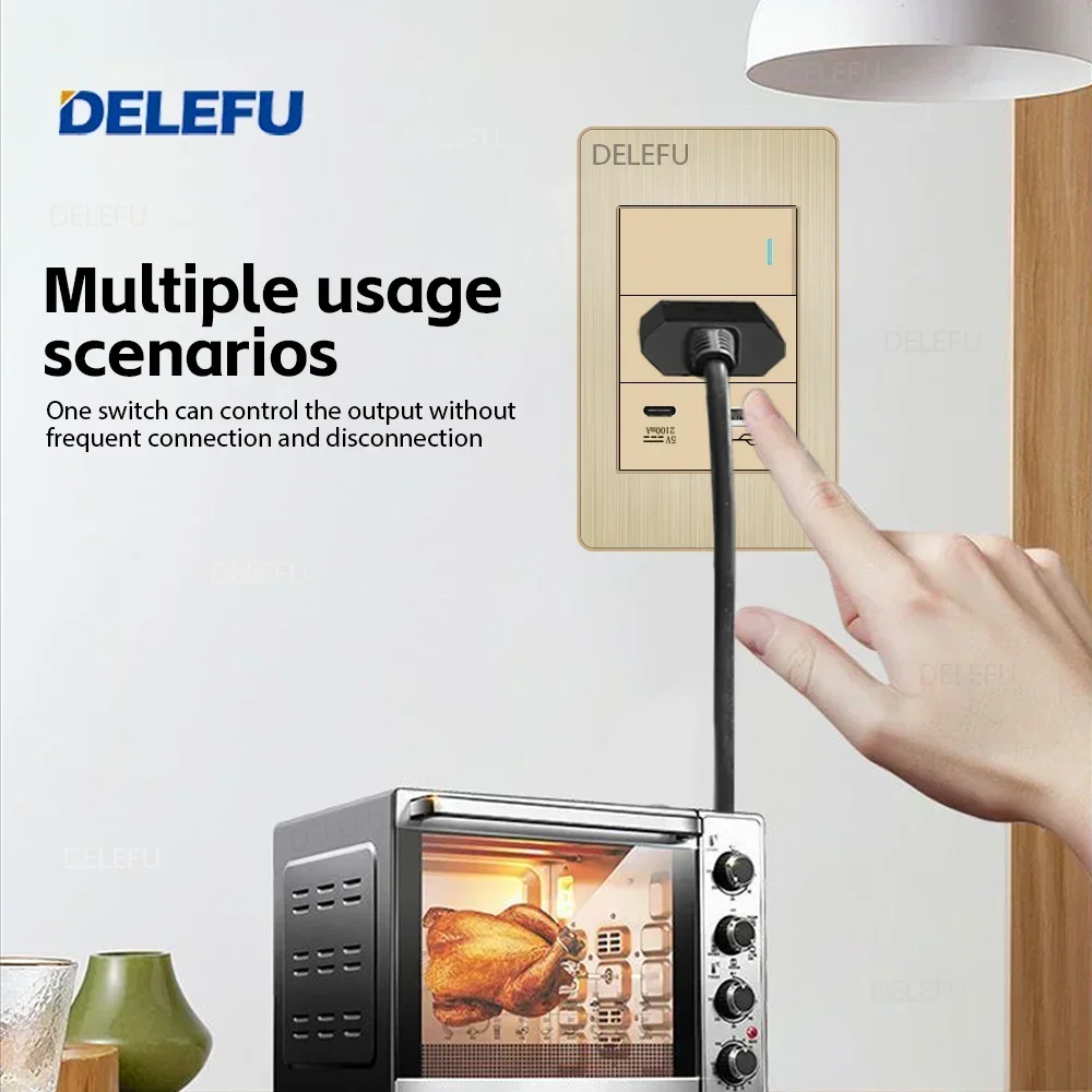 DELEFU- Stainless Steel Gold Panel Series American Standard Switch Socket Computer USB Type C Wall Power Socket