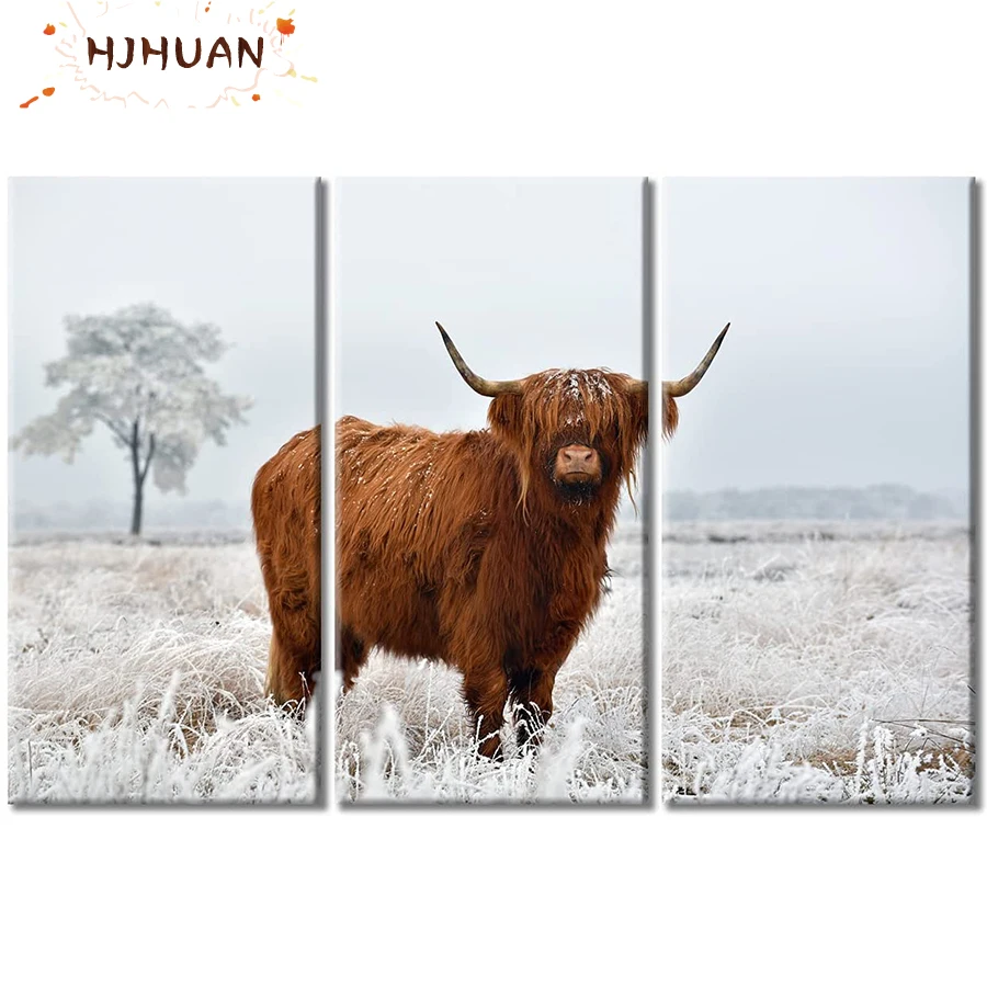 3pcs Snow scene, Dutch highland cattle Diamant Painting 5D DIY Diamond Painting Full Square Drill Embroidery Home Decor Gift