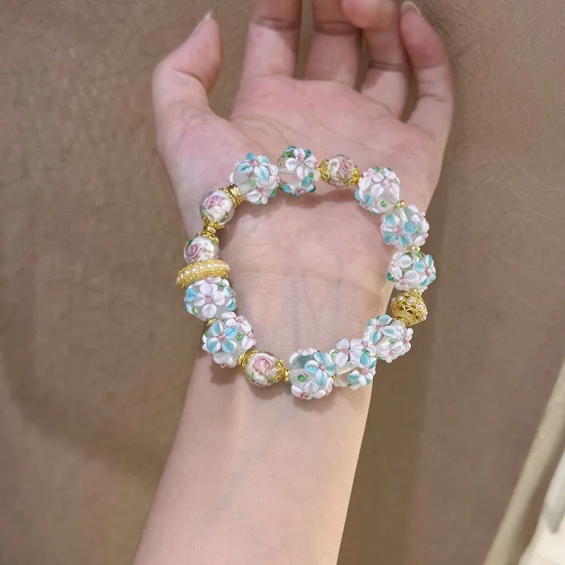 Chinese Style Lucky Handmade Murano Glass Floral Beaded Bracelet Elegant Niche Blessing Jewelry For Women Daily Wear Party Gift