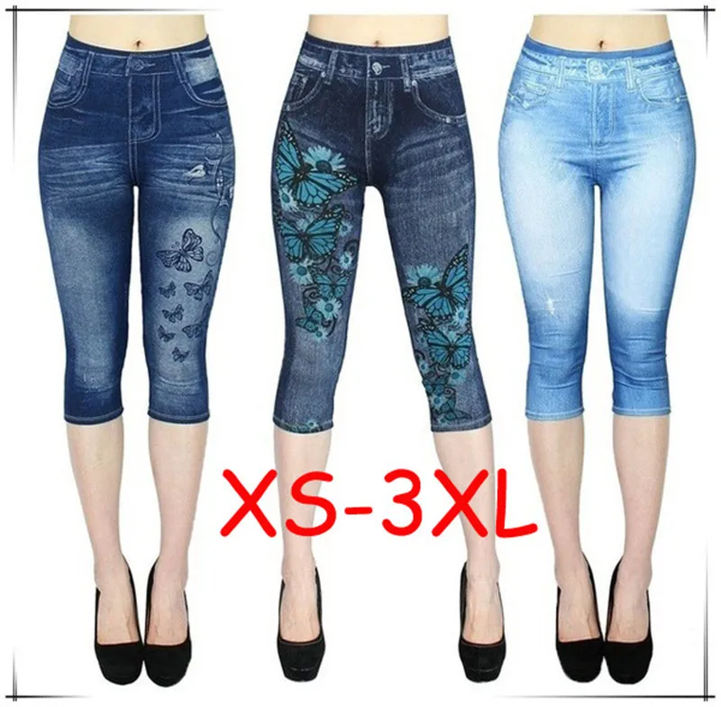 Frauen Drucken Imitation Denim Leggings Dünne Stretchy Kurzen Hosen Outdoor Jogging Walking Mode Hohe Taille Leggings – Detail 2