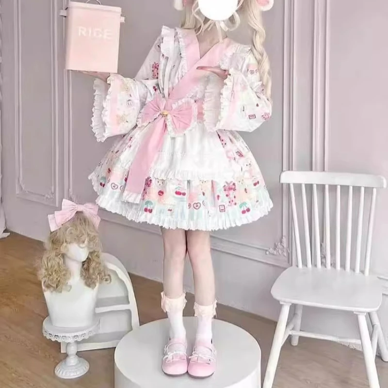 

Japanese Original Cute Lolita Dress Sweet Cute Cartoon Bear Print Bow Princess Party Dress Maid Style Womens Mini Skirt Set