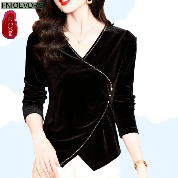 Purple Black Velvet Tops Blouses 2025 New Spring Basic Wear Long Sleeve V Neck Solid Bling Retro French Design Shirts