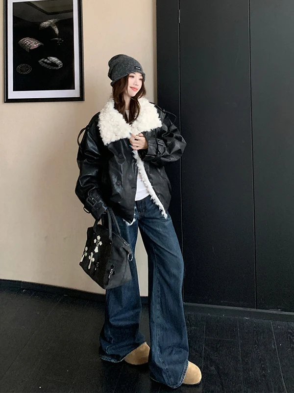 

Женское корейское пальто свободного покроя из овечьего меха больших размеров, теплое кожаное пальто для защиты окружающей среды