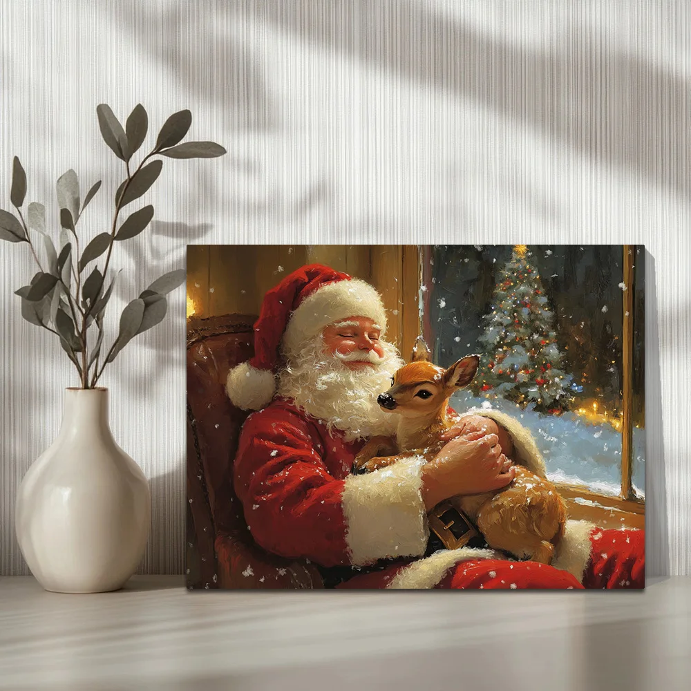 1pc,Santa Claus Holding A Cute Little Deer A,Modern Canvas Wall Art,Waterproof Wall Painting Poster Picture Art,Framed,16x12inch