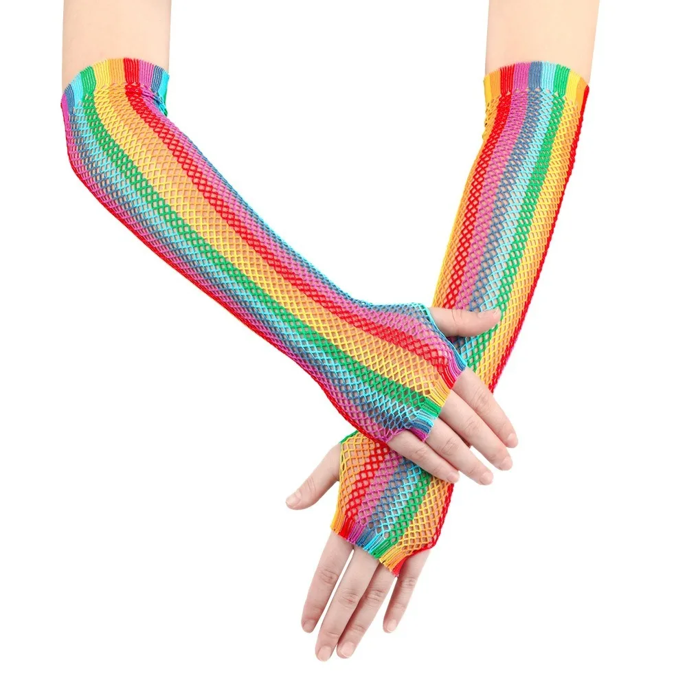 

2024 Rainbow Hollow Mesh Gloves Highly Elastic Clothing Accessories Long Gloves Party Dress Performance Gloves Sexy