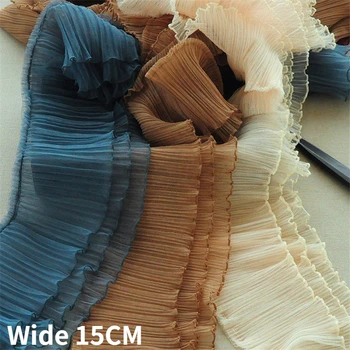 กว้าง15ซม.สามชั้นตาข่ายผ้าจีบ Ruffled ลูกไม้ตัดเย็บปักถักร้อย Fringe ริบบิ้นชุดคอกระโปรง Hemlines เย็บตกแต่ง