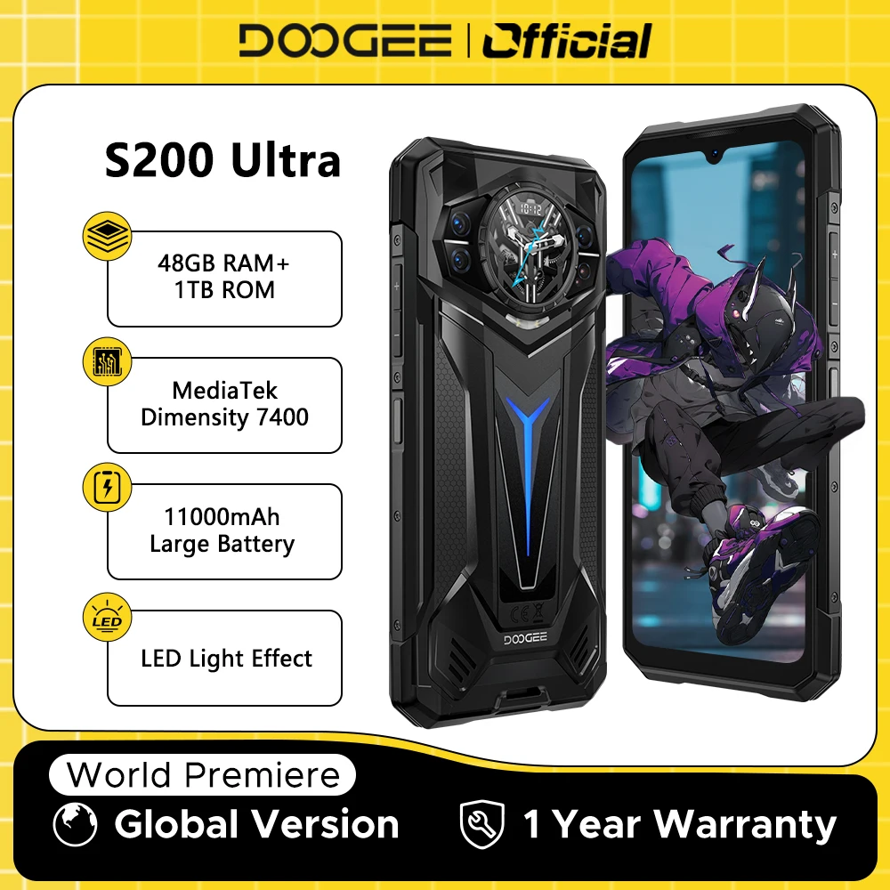 Global Version DOOGEE S200 Ultra Rugged Phone 48GB+1TB Dimensity 7400 11000mAh Battery 66W 6.72” FHD+120Hz Breathing Light NFC