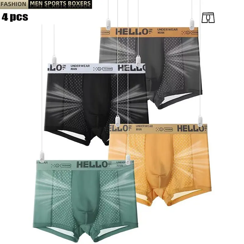 4Pcs Men\'s Underwear Ice Mesh Bacteriostatic Crotch Men Boxer Shorts Thin Breathable Men Underpanties Summer Ventilate Panties