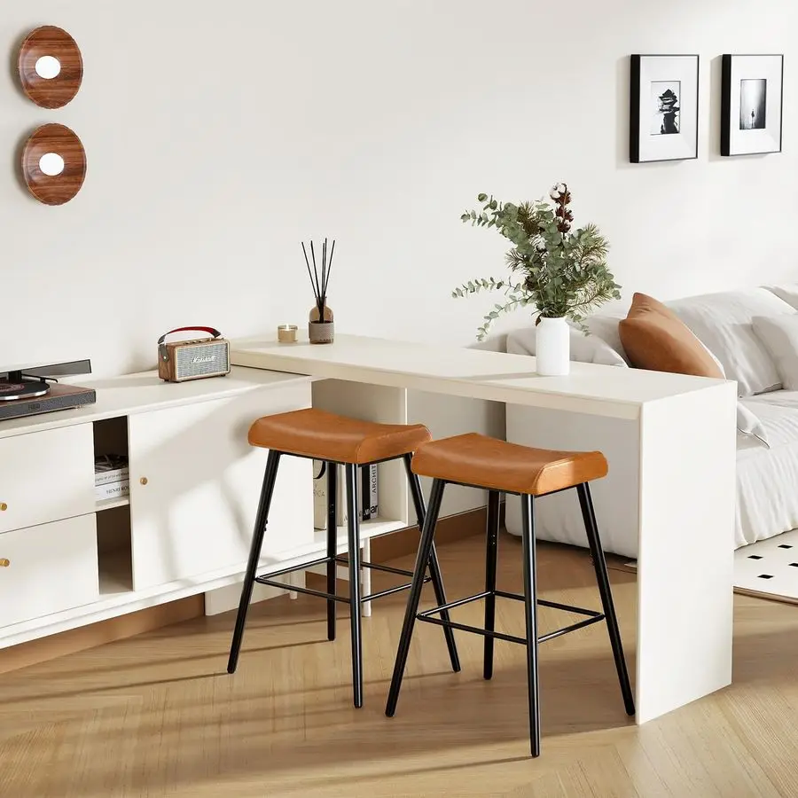 Bar Stools, 24.8 Set of 2 Barstools, PUPadded Tall Stools with Foot Support, Kitchen Breakfast Seats, Counter Height Bar Chairs,