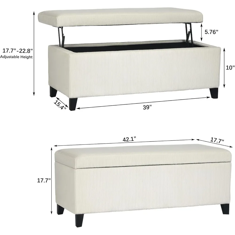 Banco otomano de armazenamento em tecido de veludo bege, retangular de 42 polegadas, com parte superior elevatória para sala de estar