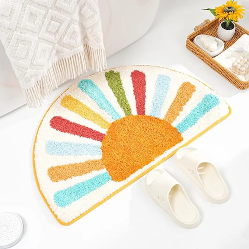 VIKAMA Half Circle Sunbath Mat Bohemian Retro Sunlight Pattern Soft Absorbent Anti Slip Bathroom Carpet Home Decoration