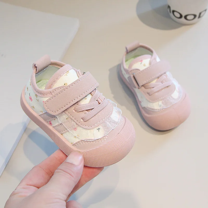 Cute Baby Floral Flats Sweet for Girls Walking Shoes Toes Capped Anti-kicked 2025 Autumn New Little Kids Sports Shoes Hook&loop