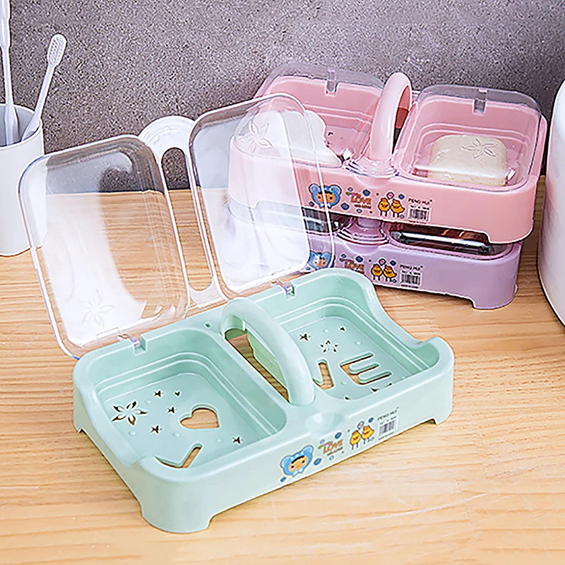 Bathroom Portable Flip-top Double Compartment Soap Box Drain Soap Box With Lid Home Soap Box Laundry Soap Racks Soap Storage Box