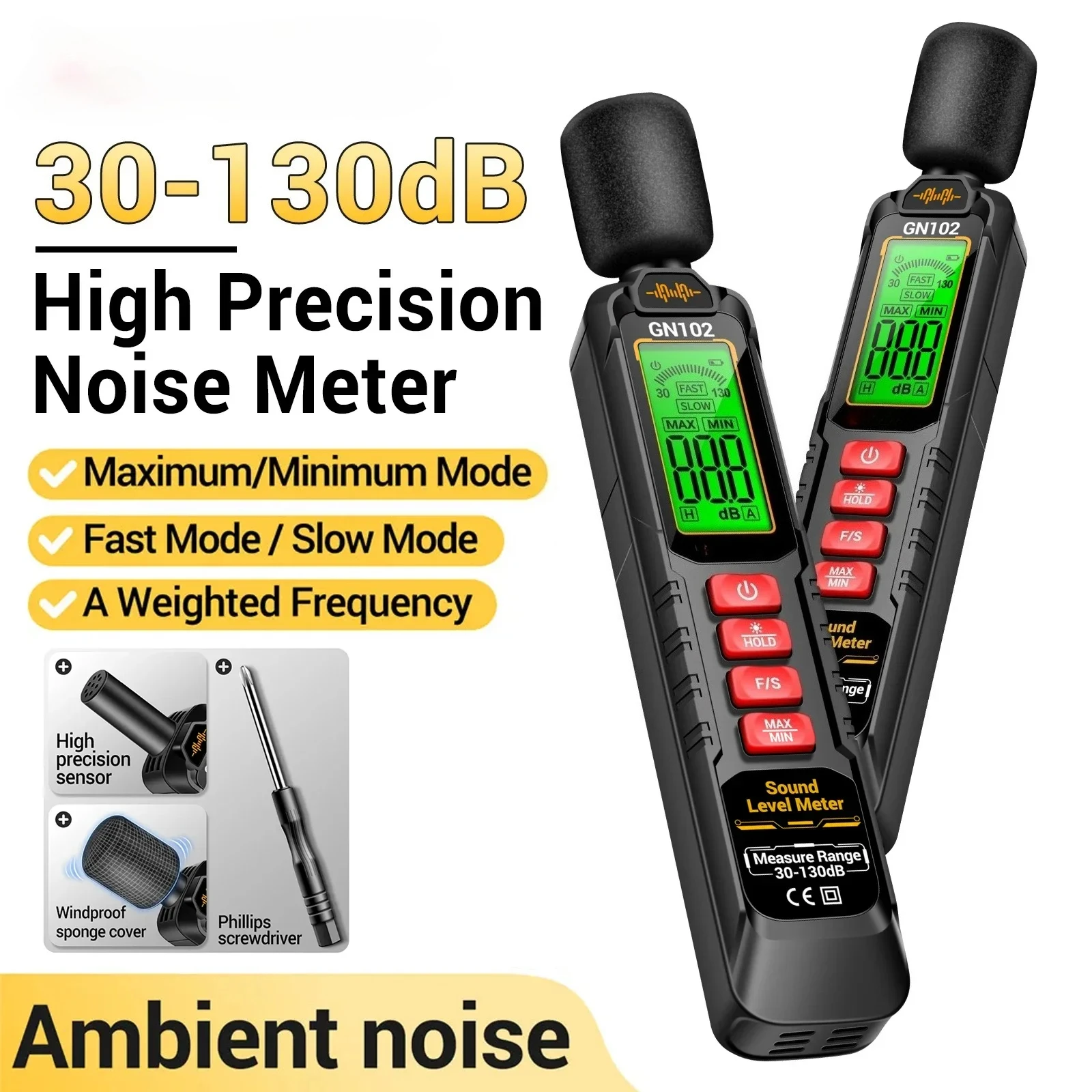 Sound Level Meter Digital Portable Noise Meter GN102 Audio Level Meter 30-130dB Ambient Noise Windproof Decibel Meter Test