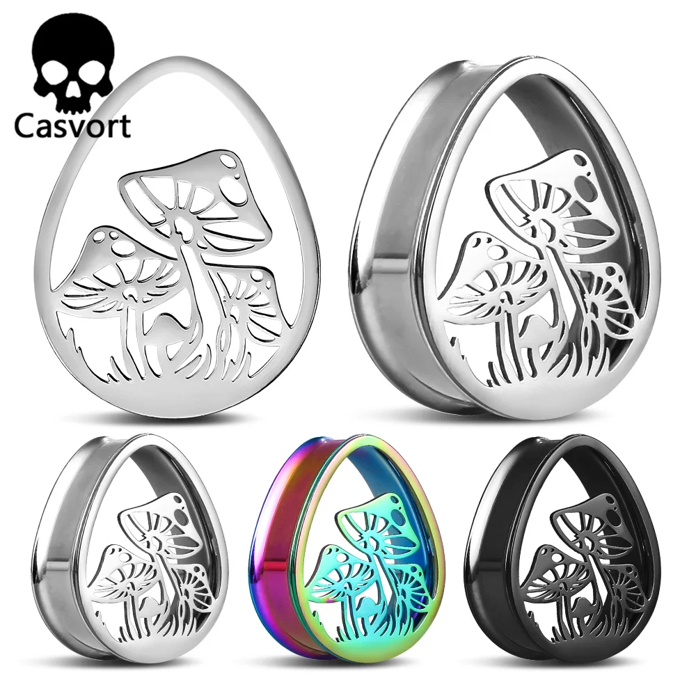 Casvort 2PCS 316 Stainless Steel Water Droplet Mushroom Ear Gauges Tunnels Plugs Stretcher Studs Piercing Women Men Body Jewelry