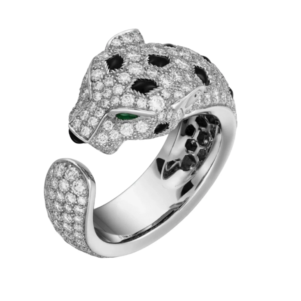 Bagues ouvertes en argent regardé 925 pour hommes ou femmes, point d'émail noir, diamant de carbone CZ complet, panthère léopard, bijoux de créateur de luxe