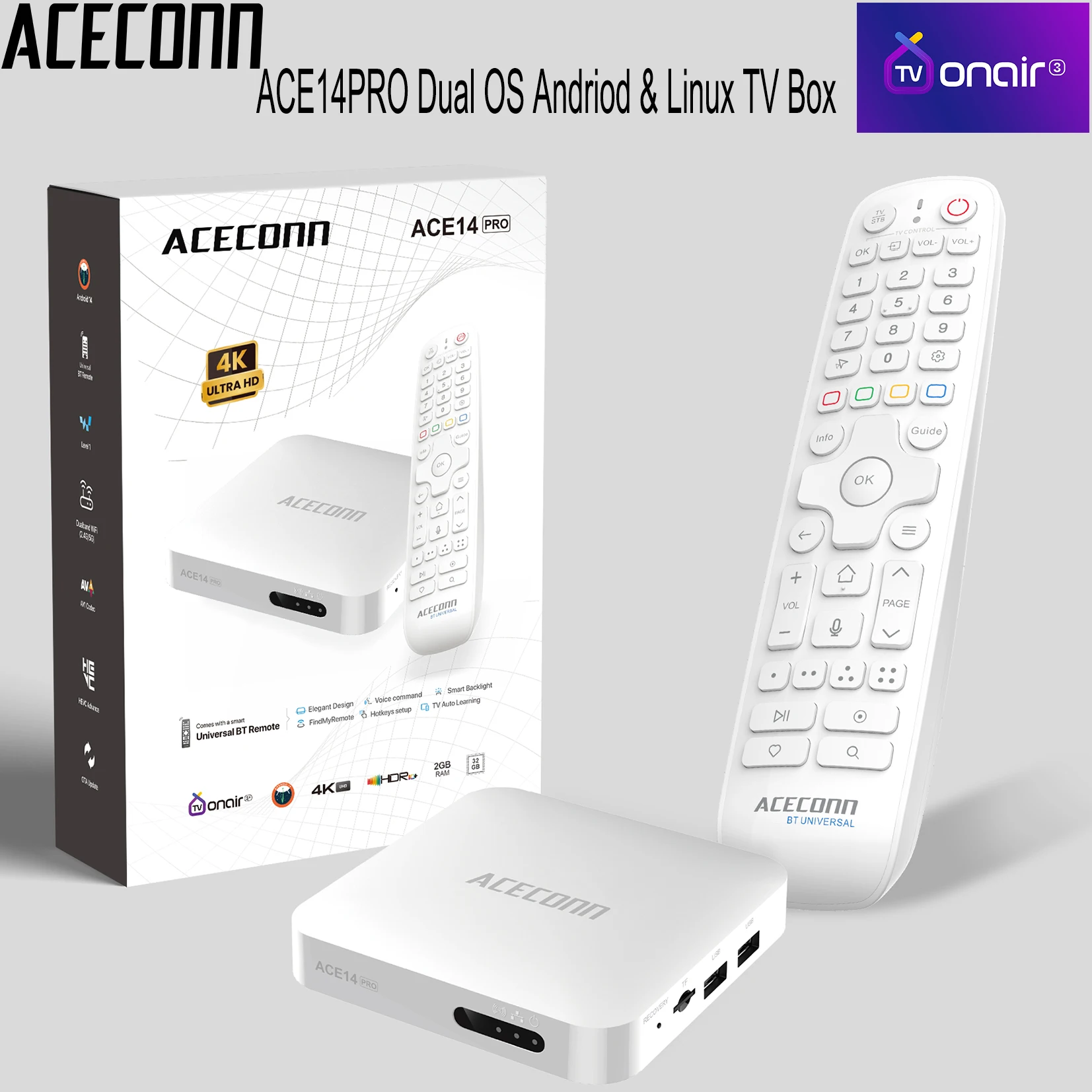 ACE14Pro ACECONN Android14 & Linux OS iptv Box 32GB TVONAIR3+Dual WiFi BT Remote TV Box Streaming