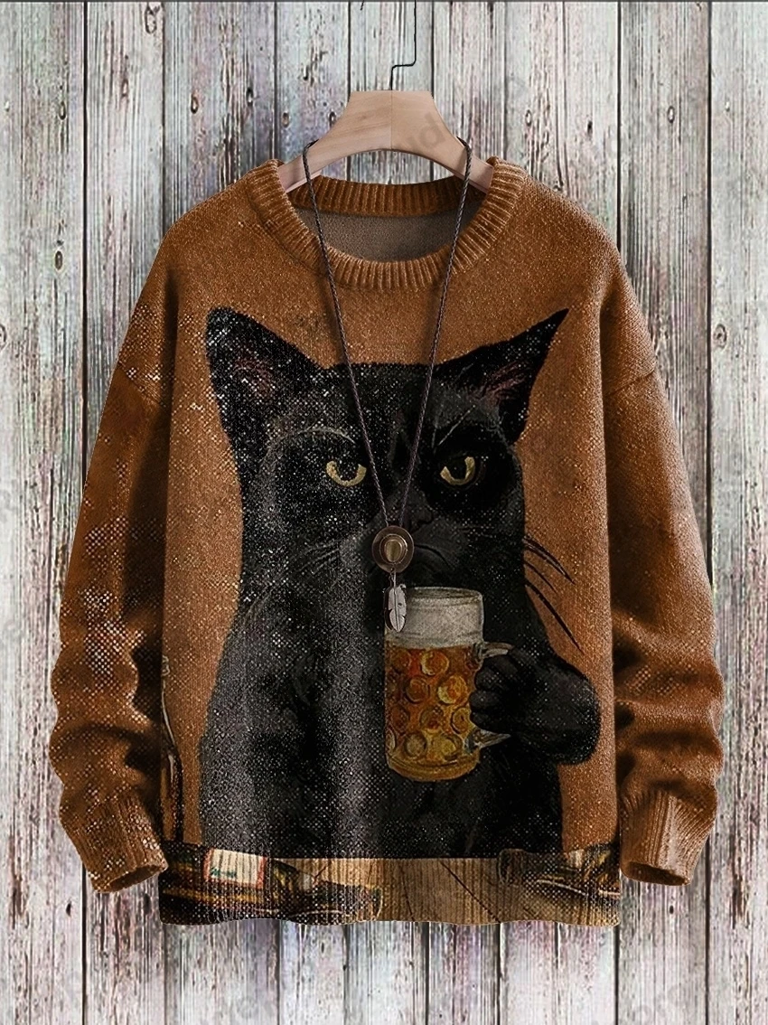 Multicolor Art & Vintage Cat Fun Art Pattern 3D Printed Men's Knitted Pullover Winter Unisex Casual Knit Pullover Sweater