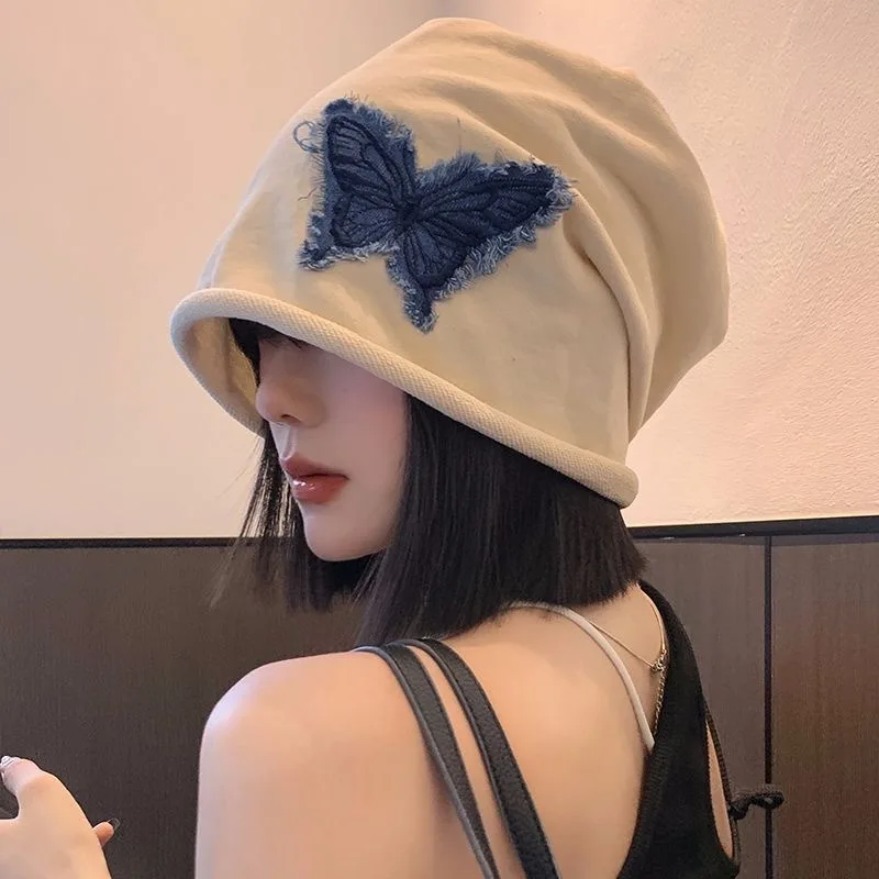 Korean Spring and Autumn Butterfly Embroidery Big Head Loose Pile Hat Women's Fashion Casual Bag Head Curled Skull Beanie Cap