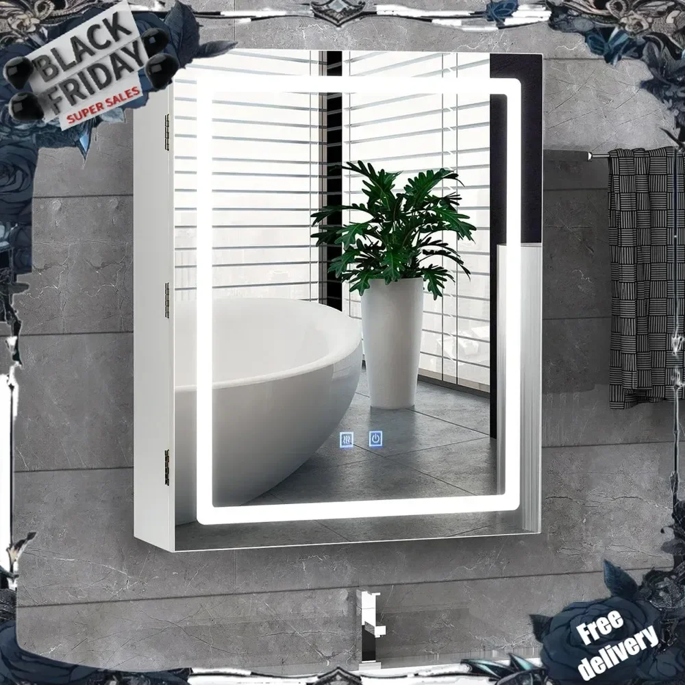 Bathroom Medicine Cabinet with LED Lights and Mirror, Wall Mounted Mirror Cabinet with Adjustable Shelf, Defogger