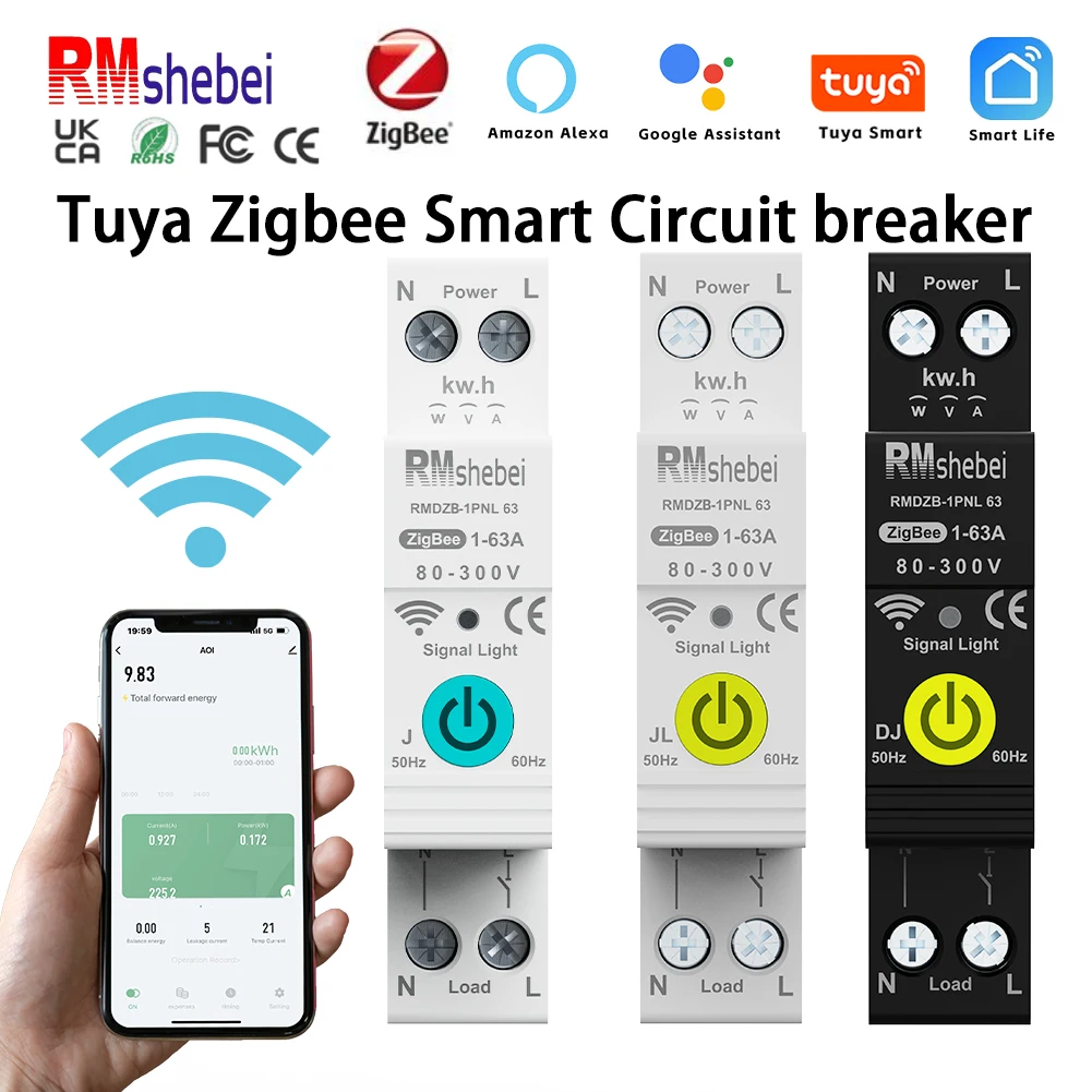 RMshebei zigbee circuit breaker tuya wifi power meter 220v voltage protector Time relay Wifi smart switch din smartlife 63A