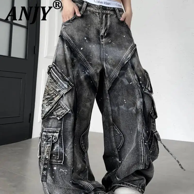 ANJY Spring Autumn New Women Safari Style Heavy Deconstructed Splash-ink Distressed Multi-pocket Loose Ins Wide Leg Jeans A24303