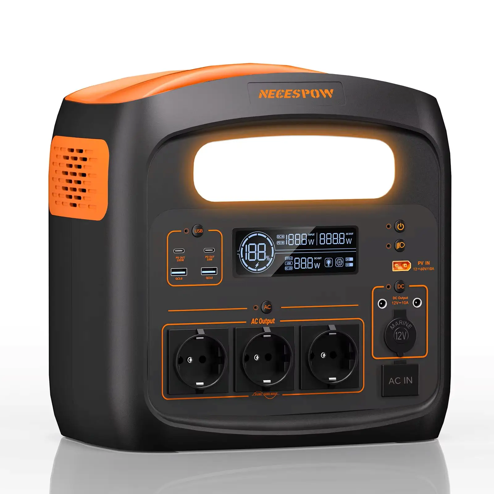 Necespow N1200 1800W Tragbare Powerstation mit 1024WH LiFePO4-Akku, USB-C PD100W, Eingebauter LED-Licht, 10 Ausgänge für Outdoor-Camping