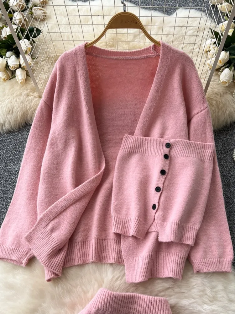 Elegant Knitted 3 pieces Set Single Breasted Strapless Vest Long Sleeve Cardigan + A-Line Solid Skirt Autumn Y2K Casual Outfits