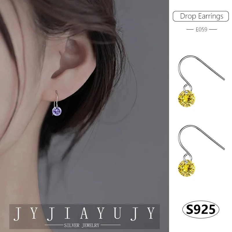 

JYJIAYUJY 100% Sterling Silver S925 Drop Hook Earrings 6MM Cubic Zirconia 5 Colors Daily Trendy Hypoallergenic Jewelry Gift E059