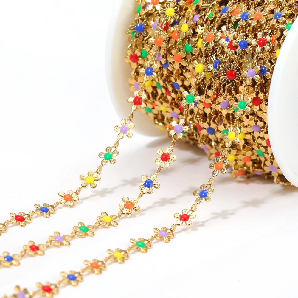 

1 Meter Colorful Enamel Flowers Stainless Steel Link Chains for DIY Jewelry Gifts Making Anklet Bracelets Necklace Findings Bulk