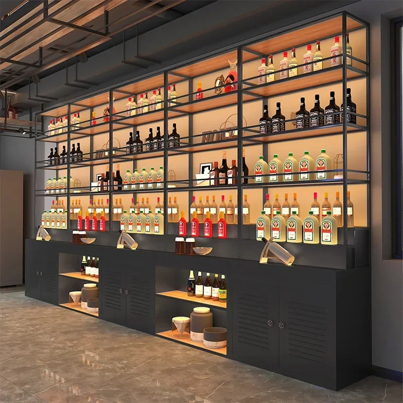 Simple and modern bar counter shelves, shop storefronts against the wall display cabinets