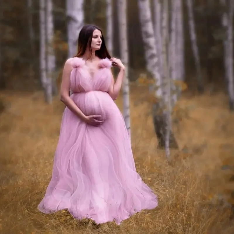 

Vintage Pink A Line Maternity Photography Robes Charming V Neck Sleeveless Women Pregnancy Dresses Sexy Floor Length Party Gowns