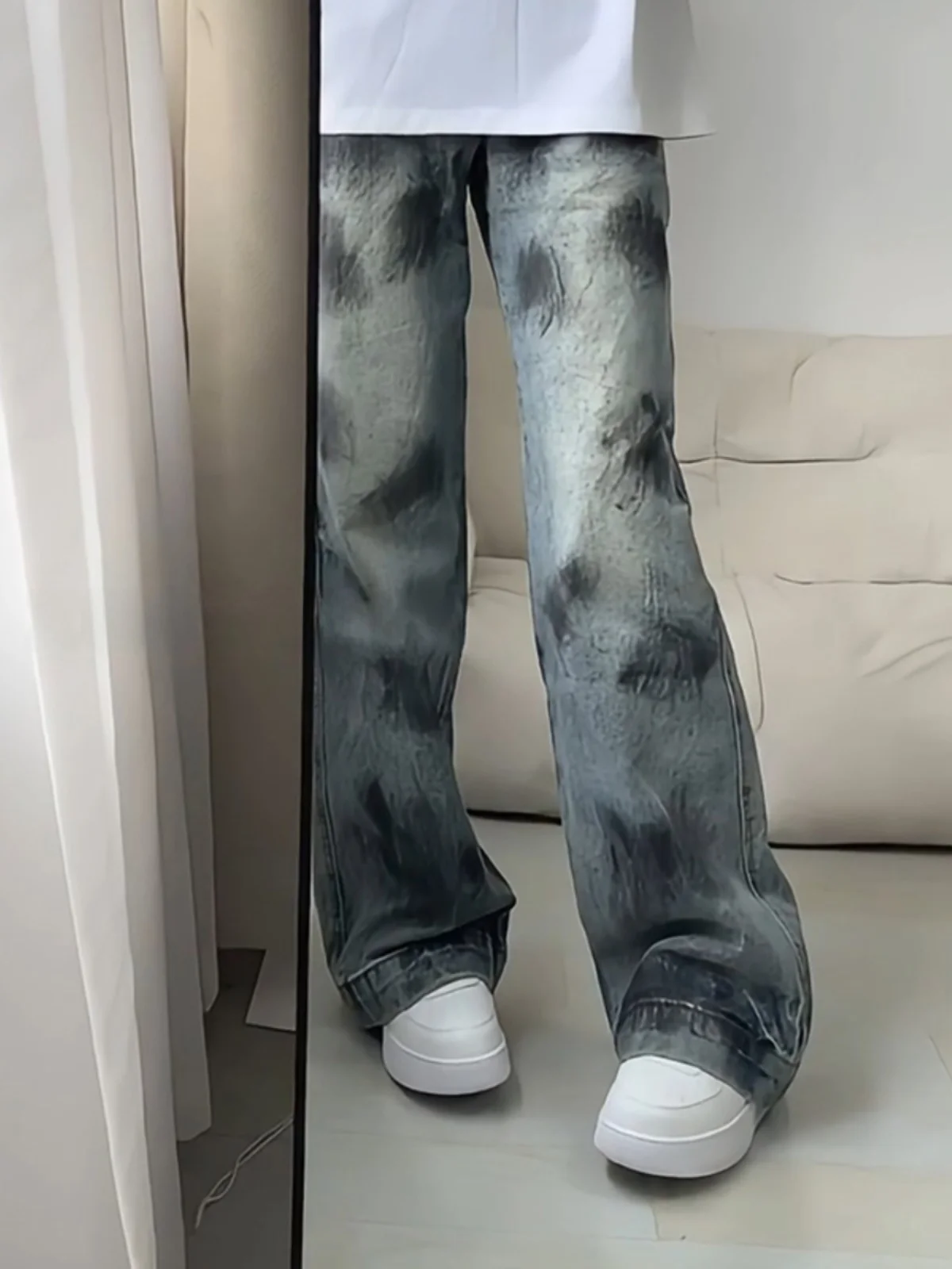 

Blue Tie-Dye Men's Jeans High Street Vibe Summer Straight Leg Dirty Look Torn Cuff American Style Teenager Youth Fashion