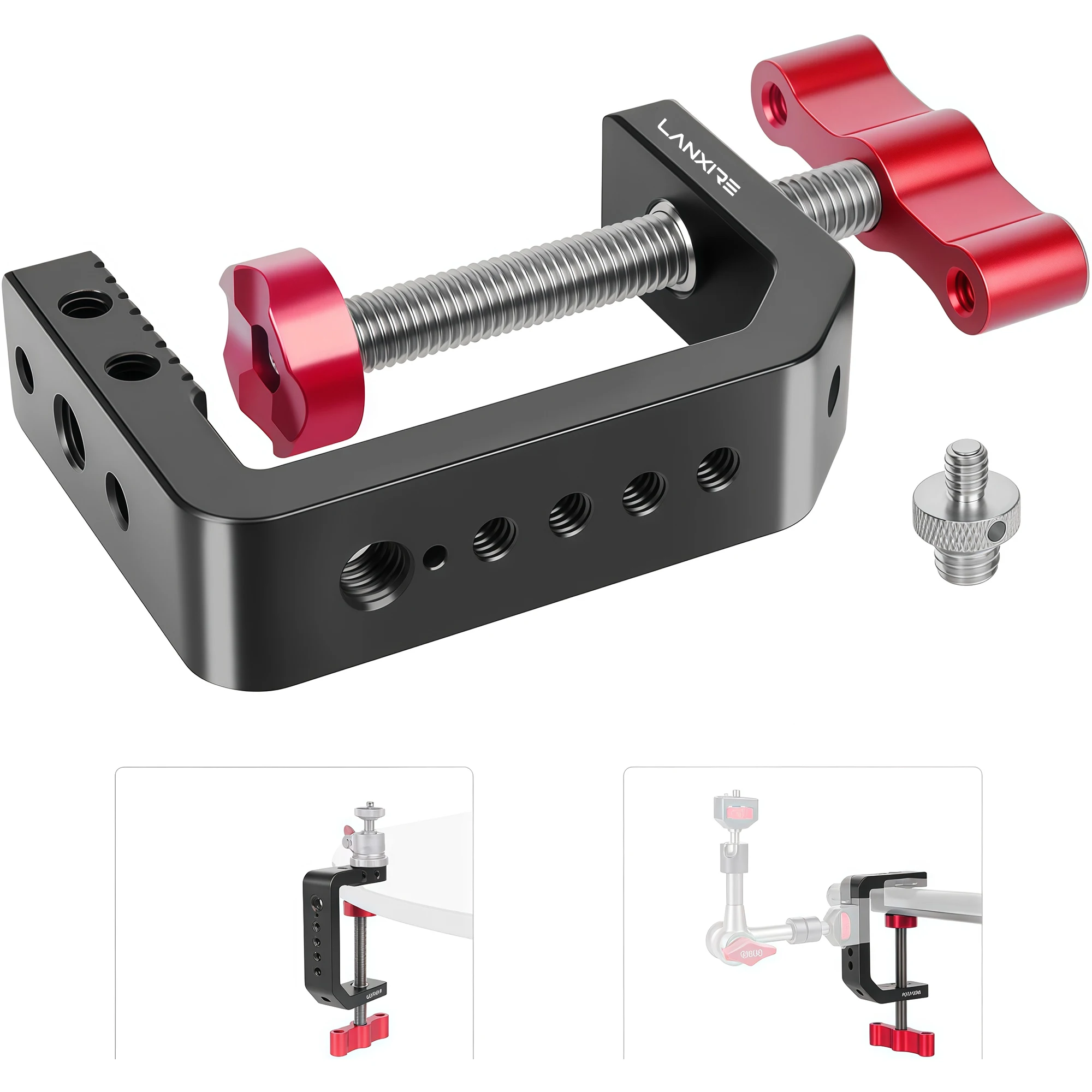 Lanxire Aluminum C-Clamp Desk Mount, 1/4” & 3/8” Threads for DSLR, Light Stand, Monitor, Mic, Table Desktop Camera C Clamp