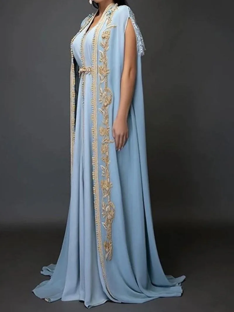 CustomizedLight Sky Blue Long Sleeve Chiffon Evening Dresses Moroccan Caftan With Gold Embroidery Islamic Dubai Saudi Arabic Pro