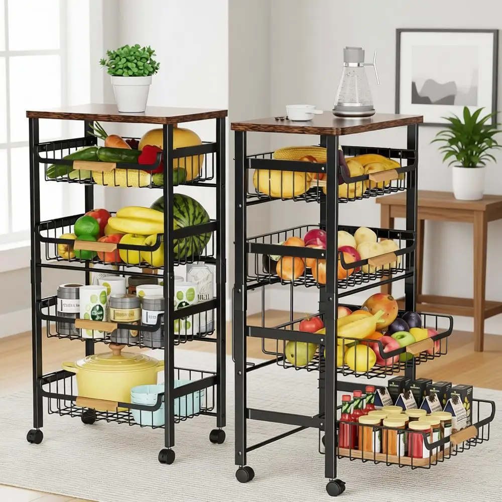 

5-уровневая кухонная тележка на колесах с деревянной столешницей и сетчатыми корзинами для хранения на кухне, в ванной, прачечной