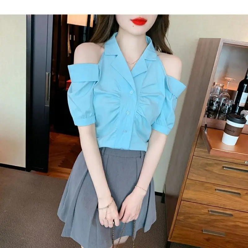 Summer New Temperament Elegant Turn-down Collar Off Shoulder Tops Korean Versatile Fashion Short Sleeve Shirts Women Clothing