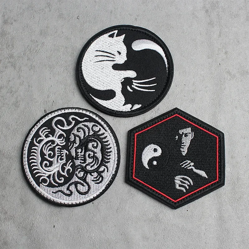 Embroidered Hook&Loop Patches on Clothing Black and White Cat Tai Chi Yin Yang Badges Decorative Stickers Kung Fu Morale Armband